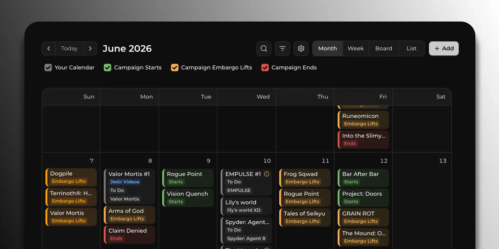 Jestr content calendar showing campaign planning dates