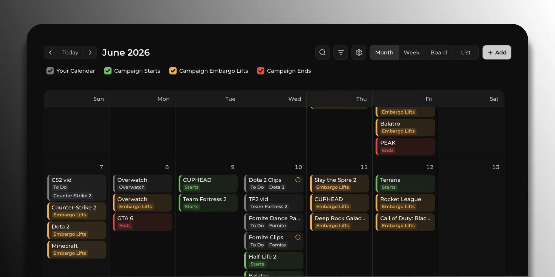 Jestr content calendar showing campaign planning dates