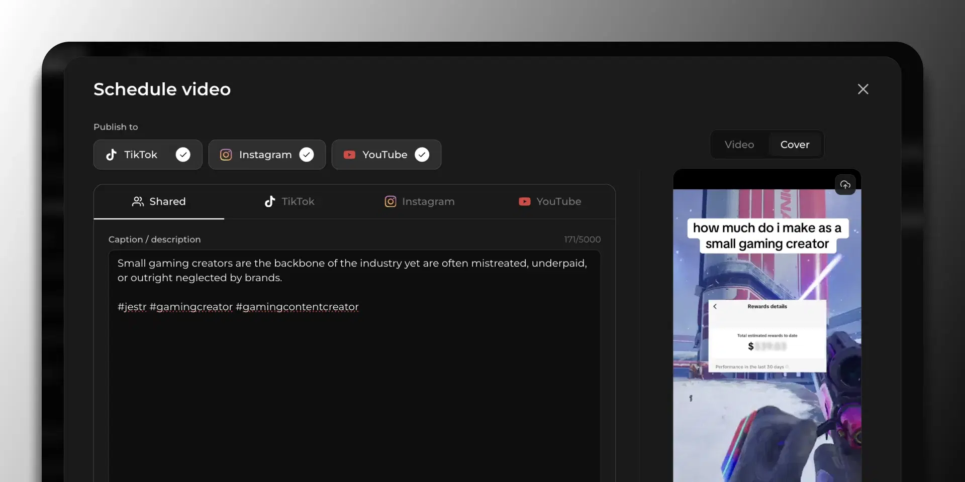 Jestr content scheduler publishing one video to TikTok, Instagram, and YouTube