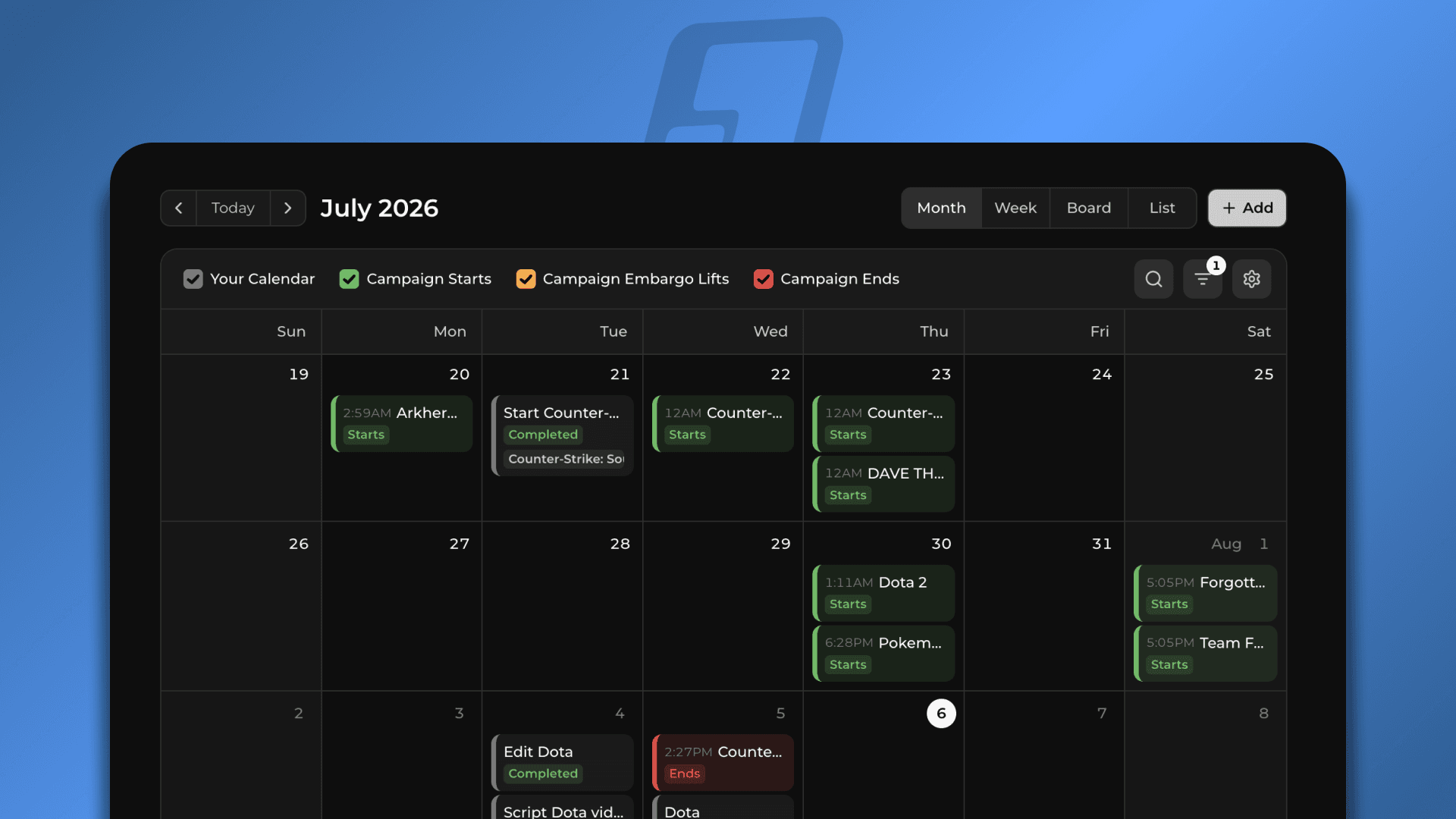 Jestr content calendar in month view