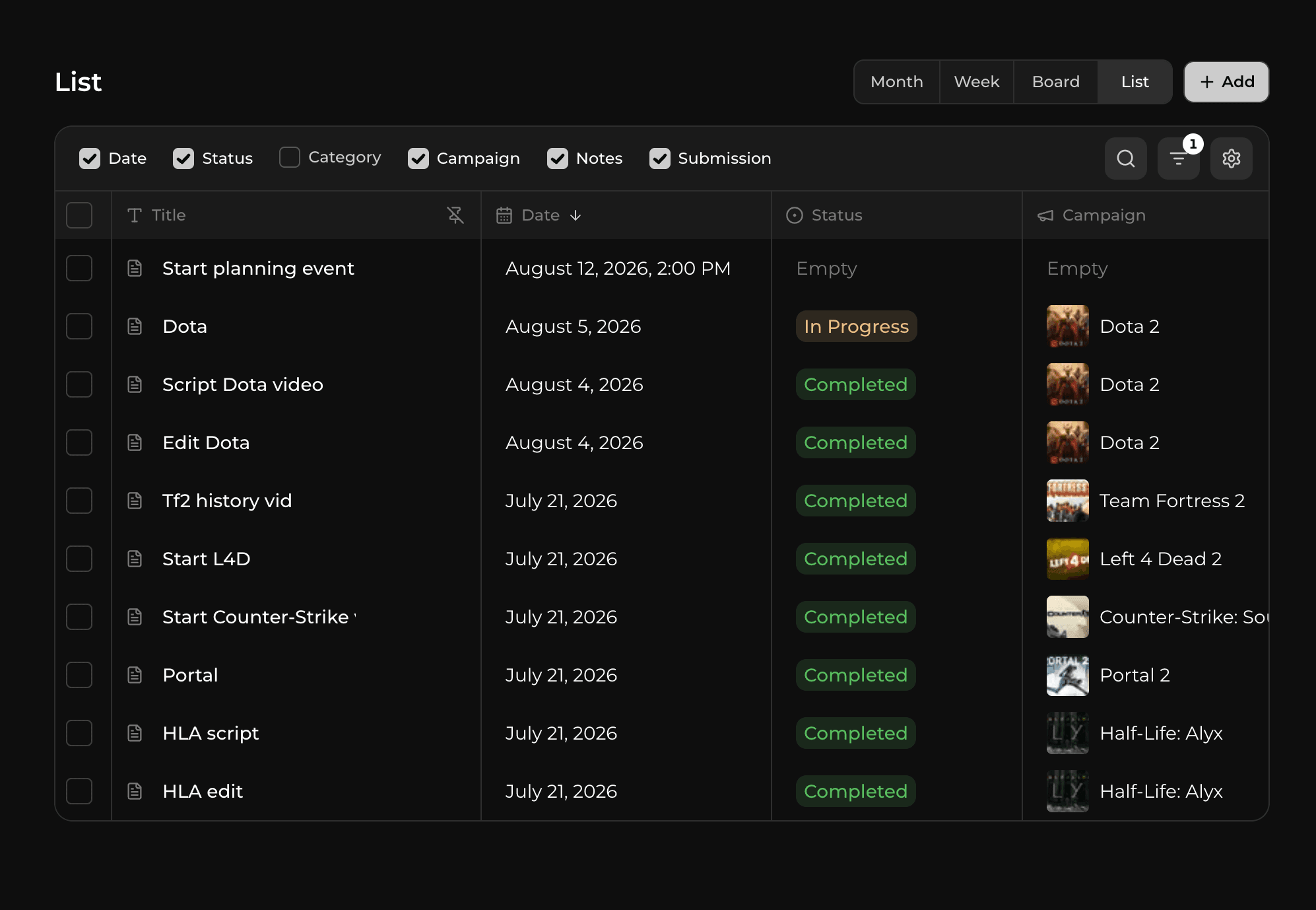 To-do list of scheduled creator work