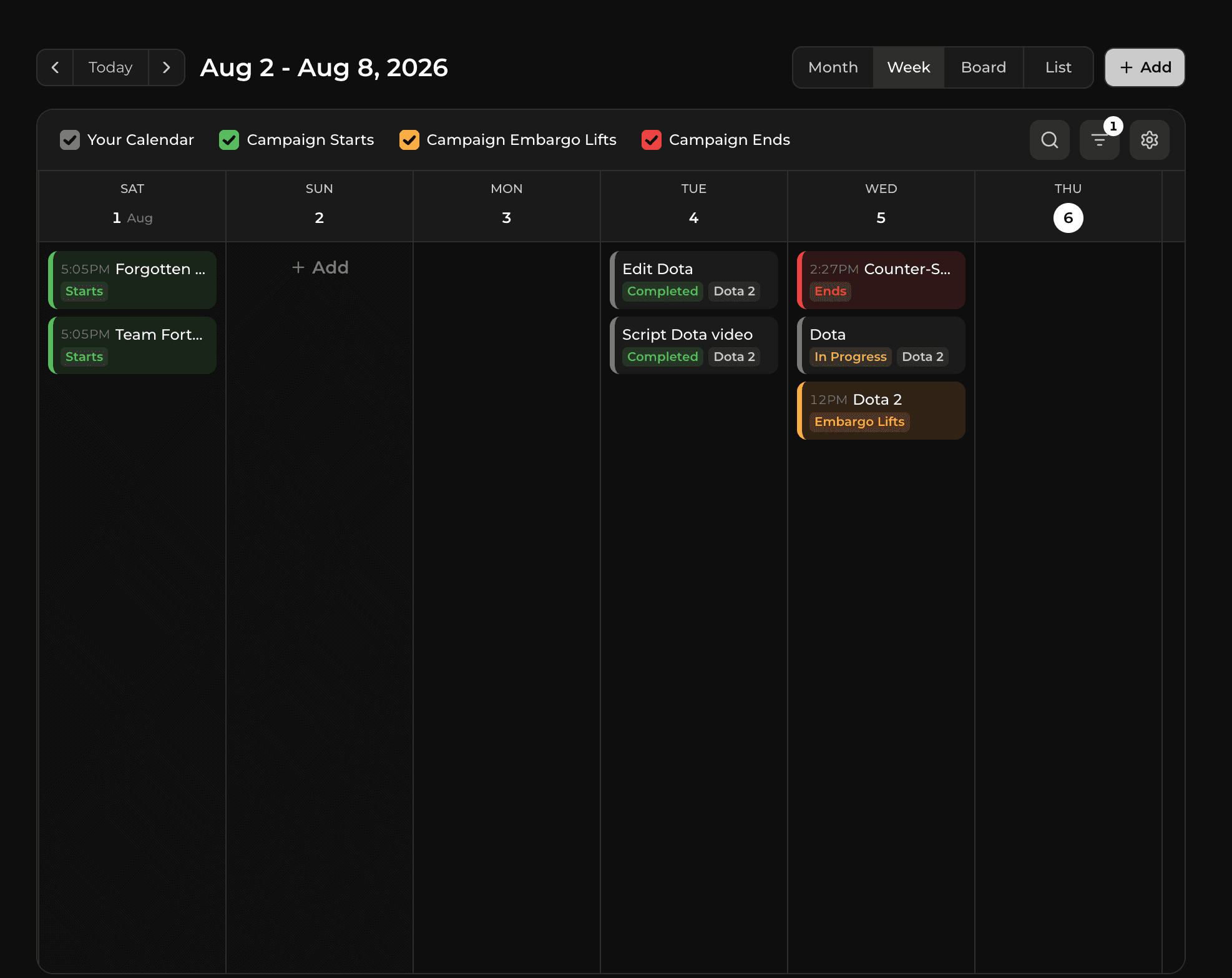 Weekly planner with campaign dates